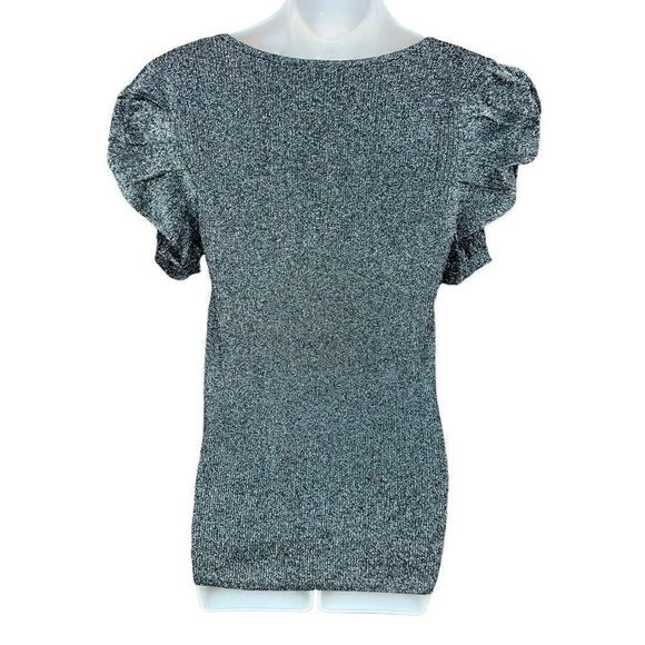 INC International Concepts Top Scoop Neck Black Silver Metallic Ruched Sleeves L - Picture 3 of 12